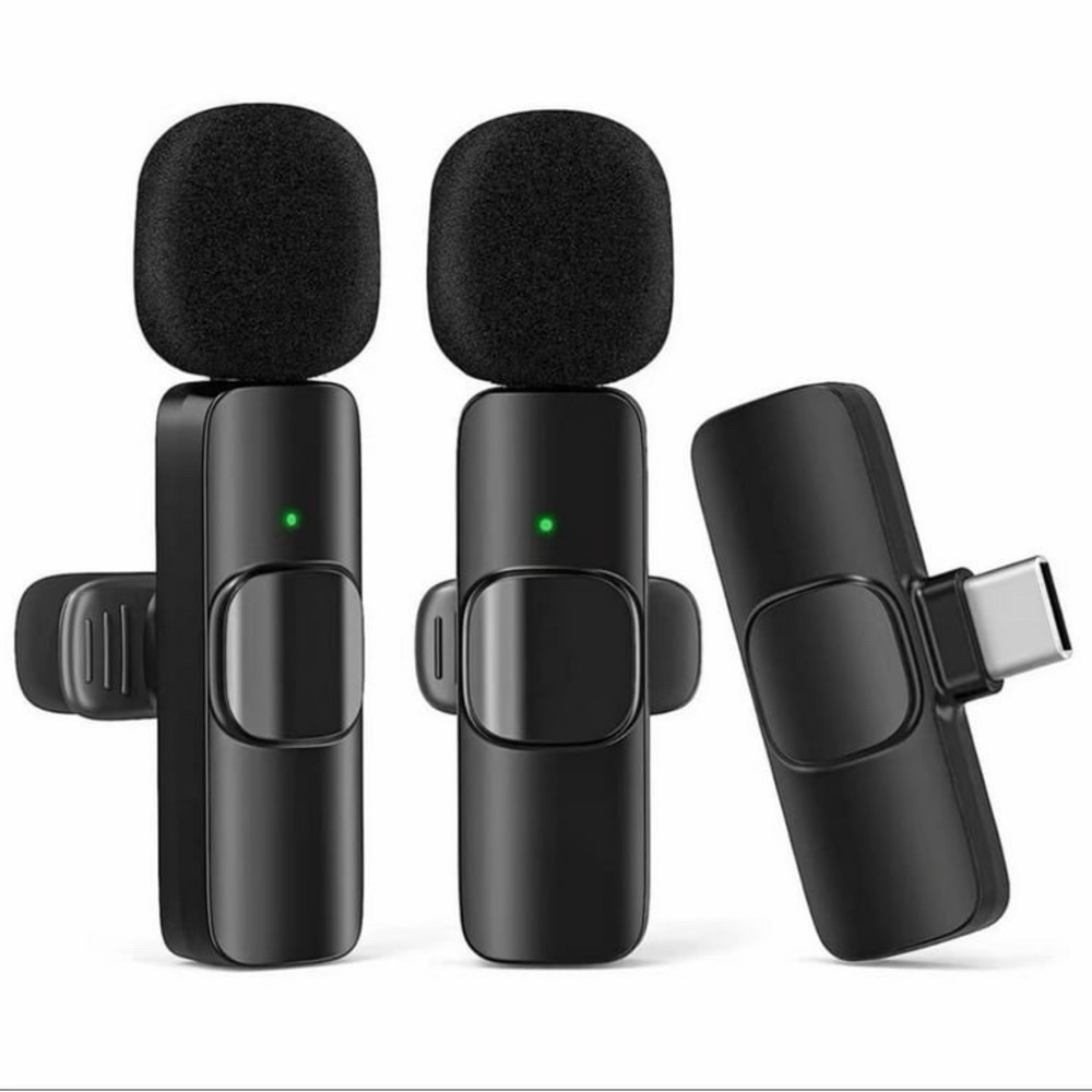 USB C Mini Mic (2) Rechargeable Wireless Microphones & 1 Receiver Type C Black